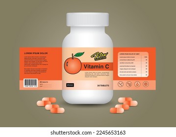 Vitamin C supplement bottle Packaging, Cosmetic packaging design. product design. Beauty label, 3d supplement bottle, 3d white plastic Pills box, White medical container. healthcare bottle, vector