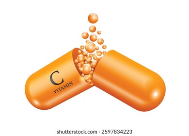Vitamin C supplement capsules are opened and pills or vitamin tablets float out of capsules for advertisements about medicine or health supplements, vector 3d isolated for banner advertising design