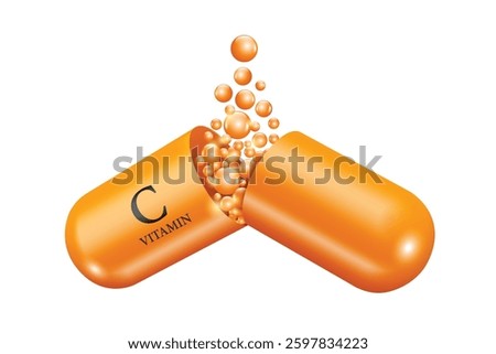Vitamin C supplement capsules are opened and pills or vitamin tablets float out of capsules for advertisements about medicine or health supplements, vector 3d isolated for banner advertising design