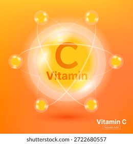 Vitamin C Supplement Concept with Glowing Orange Bubbles – Ascorbic Acid Antioxidant for Immune Support, Collagen and Skin Health, 3D Vector Illustration EPS10