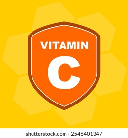 Suplemento de vitamina C com proteção laranja e texto branco. Escudo vitamínico com plano de fundo laranja ícone do desenho animado clip art vetor ilustração