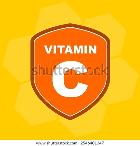 Vitamin C supplement with orange shield and white text. Vitamin shield with orange background cartoon style icon clip art vector illustration
