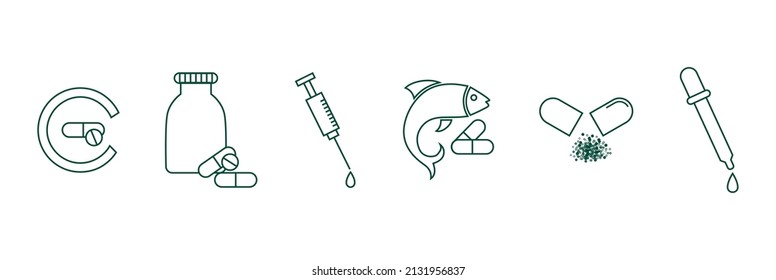 vitamina c, suplementos, inyección de esteroides, omega 3, 6, aceite de pescado, fármaco y juego de iconos de cuentagotas de aceite, ilustración de vectores de línea de arte 