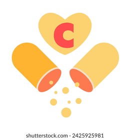 Vitamin C symbol, open orange capsule and heart, cartoon style. Vector illustration isolated on white background, flat design