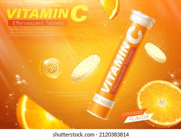 Vitamin C tablet ad. 3D Illustration of orange flavor effervescent tablets dissolving in the fizzy and bubbling water on orange background - Shutterstock ID 2120383814