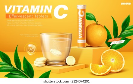 Vitamin C tablet banner ad. 3D Illustration orange flavor Vitamin C effervescent tablet dissolving in a cup of water with package and orange fruit placed on square podium aside