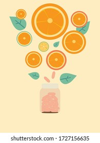 Vitamin C tablet with sliced orange and  bottle laying on yellow background, flat design vector illustration.