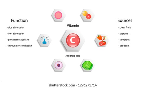 Vitamin C vector design. Vitamin C function and sources. Ascorbic acid