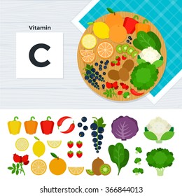 Vitamin C vector flat illustrations. Foods containing vitamin C on the table. Source of vitamin C: pepper, cabagge, lemon, orange, kiwi, grapes isolated on white background