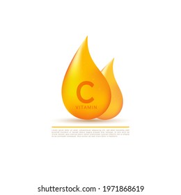 Vitamin C vector icon set. Nutrition sign vector concept. Vitamin drop, pill, capsule, shining golden essence droplet.