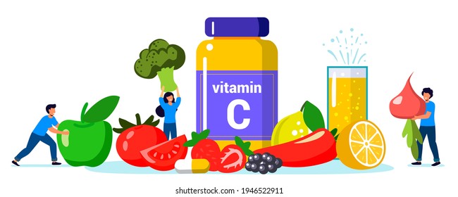 Vitamin C Vector Illustration Healthy Eating And Diet Different Food Rich Of Vitamin C Dietetic Organic Nutrition Food Supplement And Health Care Concept Source Of Vitamin C Fruits And Vegetables