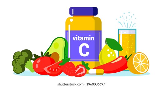 Vitamin C vector illustration Healthy eating and diet Different food rich of vitamin C Dietetic organic nutrition Food supplement and health care concept Source of vitamin C fruits and vegetables