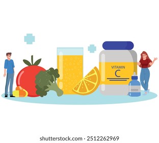 Vitamina C ilustração vetorial Alimentação saudável e dieta Diversas comidas ricas em vitamina C Nutrição orgânica dietética Suplemento alimentar e conceito de cuidados de saúde Fonte de vitamina C frutas e verduras.