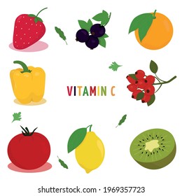 Vitamin C. Vector illustration with an image of fruits and vegetables containing vitamin c
