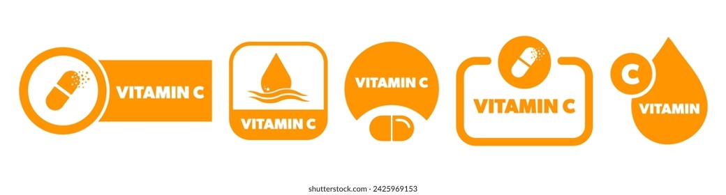 Etiquetas vectoriales de vitamina C aisladas en blanco. Set de pegatinas de vitaminas.