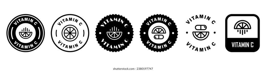 Etiquetas vectoriales de vitamina C con naranja o limón. Etiquetas vectoras para el paquete.