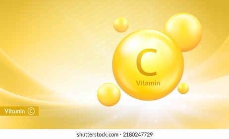 Vitamin C vector pills. Medicine capsule, Golden substance. 3D Vitamin complex for care and beauty concept. 3d realistic vector EPS10