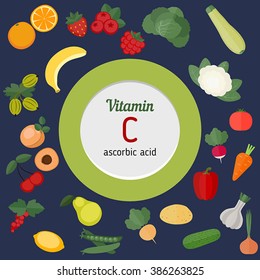 Vitamin C vector set of vitamin C rich foods. Healthy lifestyle and diet concept. 