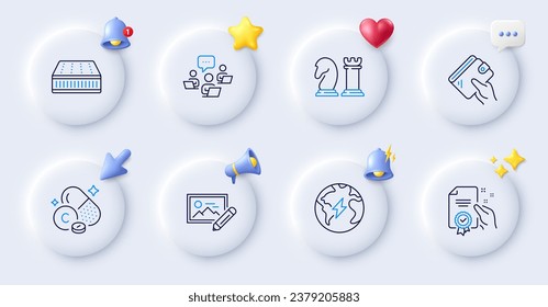 Vitamin c, Wallet and Teamwork line icons. Buttons with 3d bell, chat speech, cursor. Pack of Electricity, Chess, Mattress icon. Photo edit, Certificate pictogram. For web app, printing. Vector