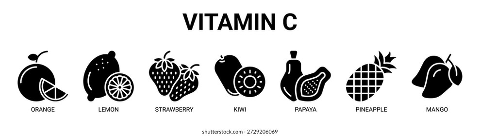 Concepto de Ilustración vectorial de ícono de Anuncio de Web de vitamina C con ícono de naranja, limón, fresa, kiwi, papaya, piña y mango.