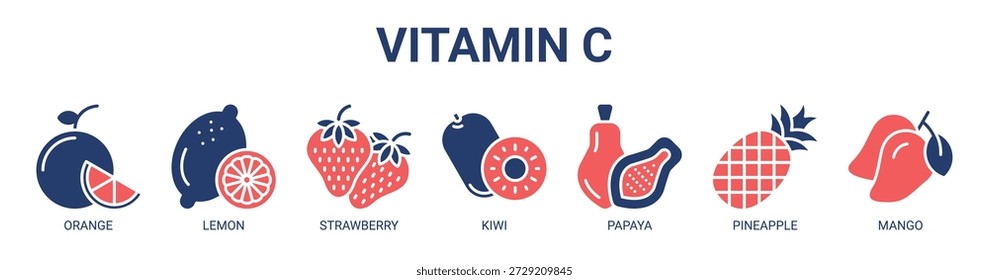 Concepto de Ilustración vectorial de ícono de Anuncio de Web de vitamina C con ícono de naranja, limón, fresa, kiwi, papaya, piña y mango.