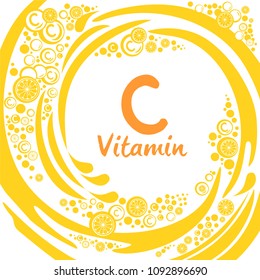 Vitamin C. Yellow background with blots and lemon.  Vector Illustration