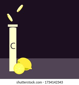 Vitamina C con limones amarillos. Ilustración vectorial de una tableta.