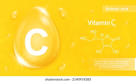 Vitamin C yellow. Poster or banner for medical website with chemical formula of gulonic acid. Taking care of health and special drugs and supplements, isometric drop. Cartoon vector illustration