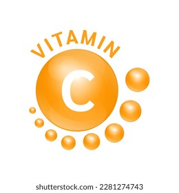 Vitamin C yellow substance Sign Icon. Vector Illustration EPS10 realistic design, small circle around. Isolated on white background. Personal care, beauty concept. Medicine health symbol of thiamine