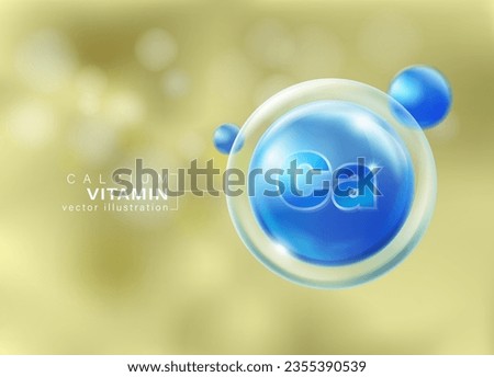Vitamin calcium molecules floating in front of isolated blurred background. Vitamins that nourish the body's bones, advertising media, dietary supplements, multivitamins. Realistic vector file.
