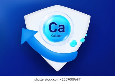 Vitamin calcium molecules. Calcium minerals inside blue bubble floating. Vitamins complex essential supplement for health.