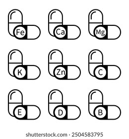 Vitamin capsule icons. Black and white outline. Letter labels focus. Simple vector illustration.