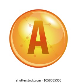 Vitamin A capsule. Vector icon for health. Gold shining pill.