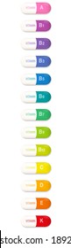 Cápsulas de vitamina, lista de pastillas suplementarias dietéticas de color arcoiris, conjunto de todas las vitaminas importantes en una fila colorida. Ilustración vectorial aislada sobre fondo blanco.
