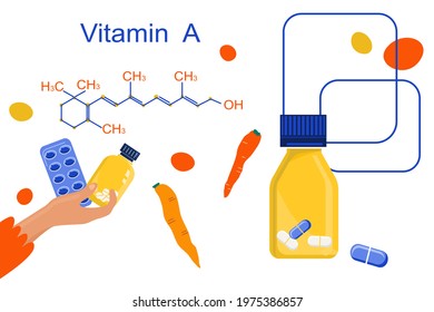 Vitamin A with Chemical formula. Retinol, beta carotene. Anti aging complex pills.Hand with blister pack.Nutrition with vegetables.Vision disease prevention and treatment. Infographic elements. Vector