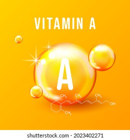 Vitamin A chemical formula vector illustration. Vitamin A gold icon. Retinol drop pill capsule. Vitamin A capsule or pill. Dietary supplements