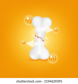 Vitamin A circle ball orange help strengthen bone not to be broken or decay on orange background. Skeleton x ray scan concept. Healthy knee bone.Medical or healthcare. 3D Realistic Vector.