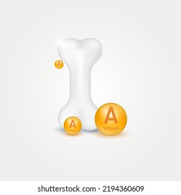 Vitamin A circle ball orange on white background help strengthen bone. Healthy knee bone human bone anatomy. Skeleton x ray scan concept therapy. Medical or healthcare. Realistic 3d Vector.