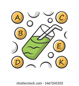 Vitamin cocktail color icon. A, B, C, D, E, K vitamins. Multivitamins drink. Vital minerals and antioxidants. Healthcare and medicine. Isolated vector illustration