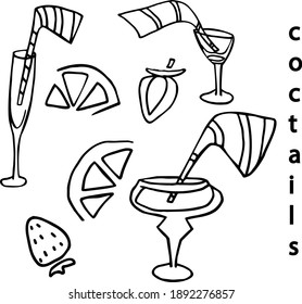 Vitamin cocktails for any season. With fruits and straws. Graphics and design. Black line