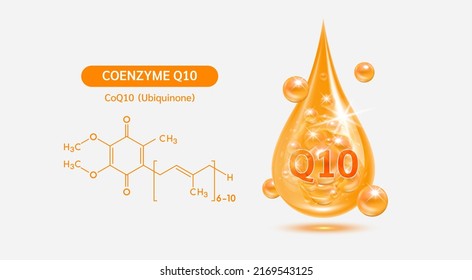 Vitamin coenzyme Q10 drop and structure isolated on white background. Vitamin solution complex orange with bubbles. Beauty treatment nutrition skin care design. Medical scientific concepts. 3D vector.