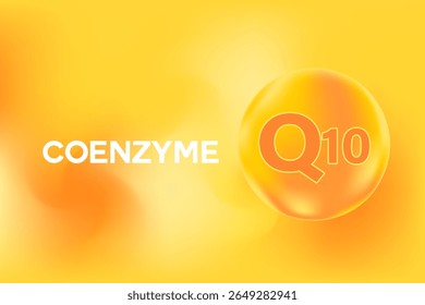 Vitamin Coenzyme q10 glowing 3D molecule or bubble, watercolor gradient background. Rich fluid orange color flowing bubbles, supplement nutrition, beauty product banner, presentation, infographic