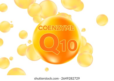 Vitamin Coenzyme q10 icon, glowing 3D molecule bubble isolated, transparent background. Healthy supplement nutrition, beauty product banner, vector infographic design element