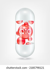 Vitamin coenzyme Q10 inside capsule pill transparent white. Health care beauty enhancement neutralize free radicals. Used for nutrition products food template design. 3D Realistic Vector EPS10.