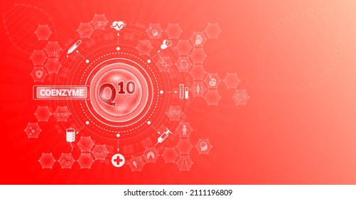 Vitamin Coenzyme Q10 and Mineral supplements complex pharmaceutical capsule. Vitamins food sources and functions. Health care and science icon pattern medical innovation. On a red background. Vector.