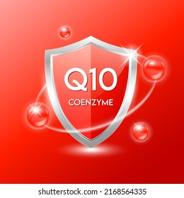 Vitamin coenzyme Q10  shield with red atom. Protect the body stay healthy. For nutrition products food. Medical scientific concepts. Vector illustration.