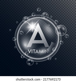 Vitamin A collagen in the form of a bubbles transparent with white drops water surround. Isolated 3D Vector. Used for advertising cosmetic products.