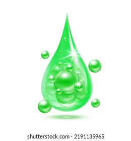 Vitamin collagen serum or essence drop isolated on white background. Solution complex green shining with bubbles. Beauty treatment nutrition skin care design. Medical scientific concepts. 3D vector.