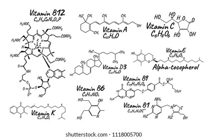 Vitamin Complex B1, B6, B9, B12, K, A, E, C Label and Icon. Chemical Formula and Structure Logo. Vector Illustration.