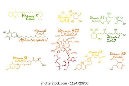 Vitamin Complex B1, B6, B9, B12, K, A, E, C Label and Icon. Chemical Formula and Structure Logo. Vector Illustration.